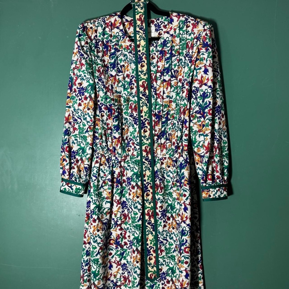 Vintage 80s Schrader Floral Midi Dress Green Multi Pleated Long Sleeve Size 12